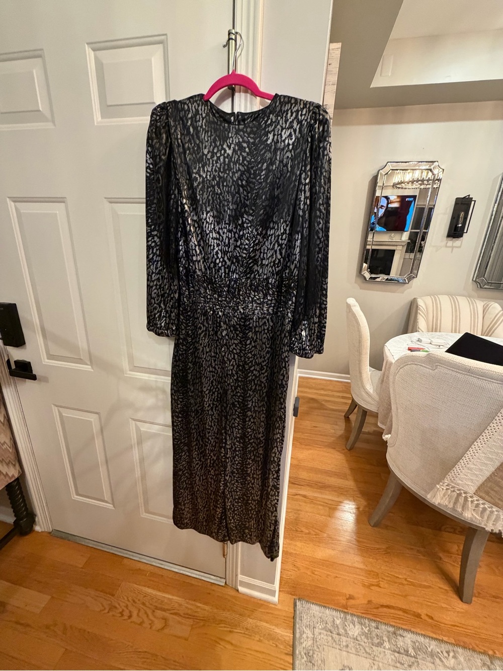 Long Sleeve Black Metallic Animal-Print Midi Dress